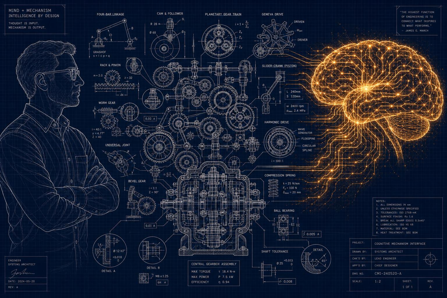 Engineer observing an AI-driven mechanism blueprint — gears, linkages, cams and a glowing neural brain